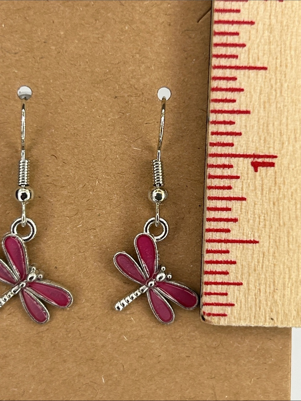 Silver Dragonfly Drop Earrings with Pink Enamel - Picture 2 of 3